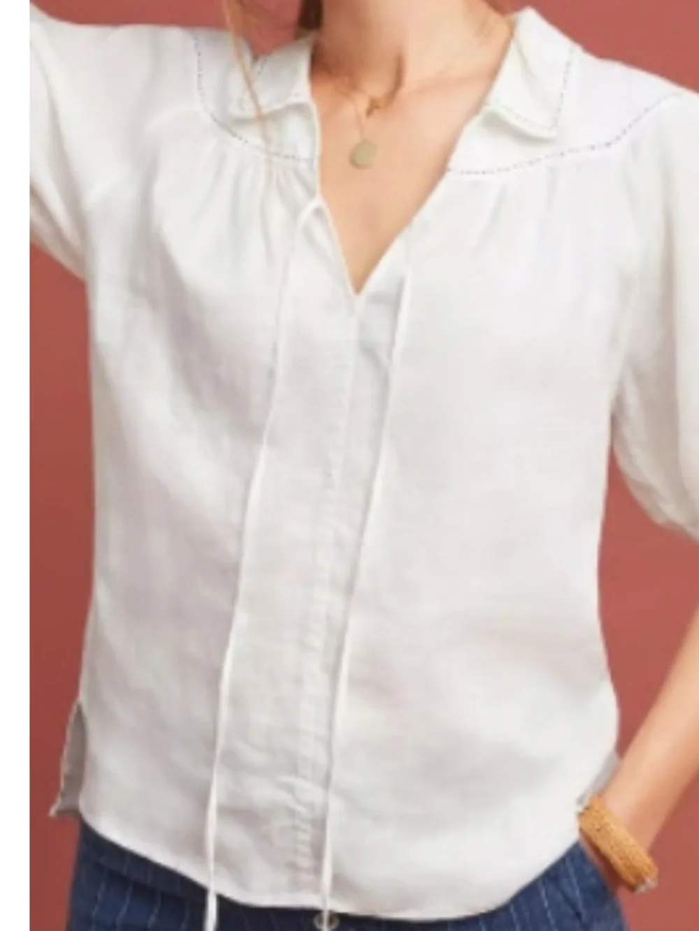 Anthropologie White V-Neck linen Collar Blouse